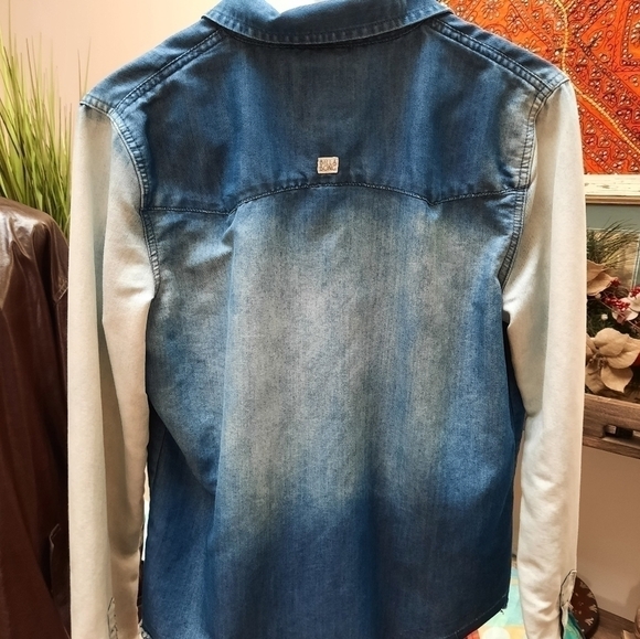 Bill A Bong Womens Denim Long Sleeve Snap Top Western Boho - Picture 7 of 7